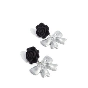 Black Rose and Silver Bow Earrings